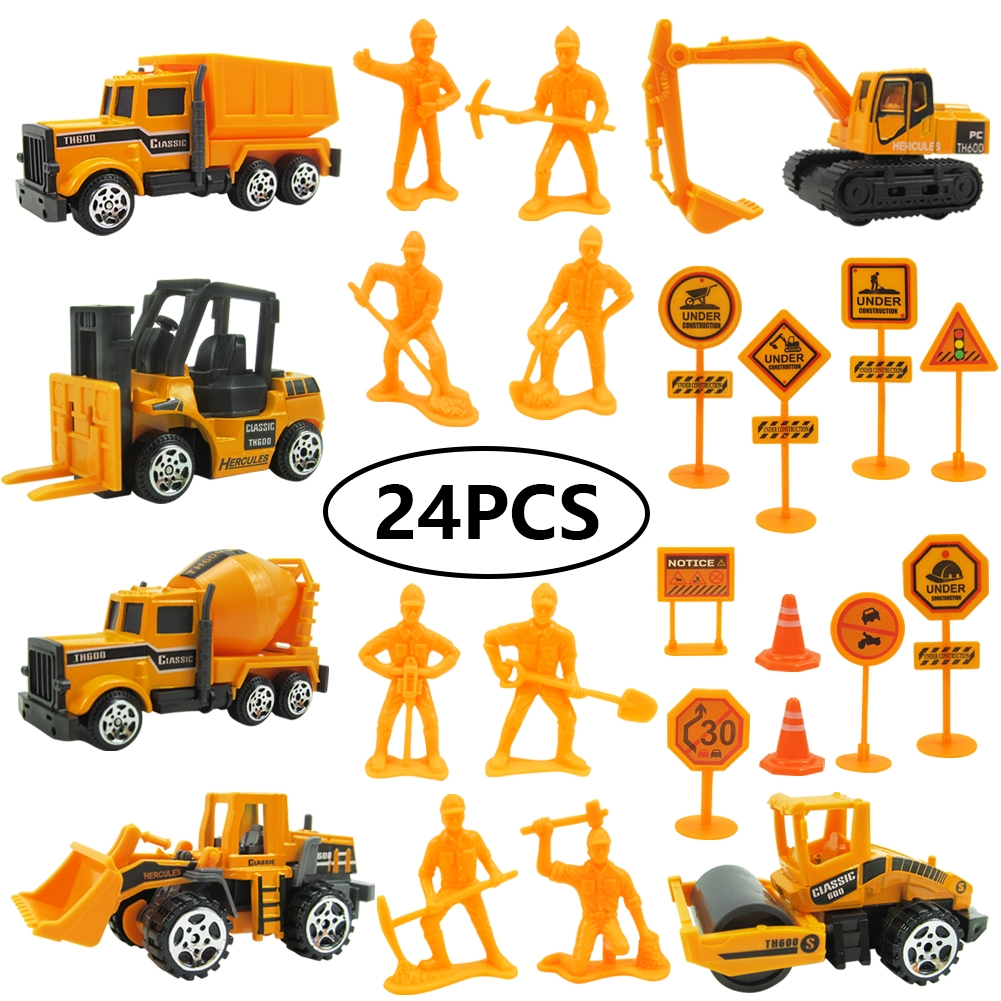 24 PCS 1:64 Alloy Engineering Truck Excavator Forklift with Road Sign Minifigure Diecast Model Set Toys