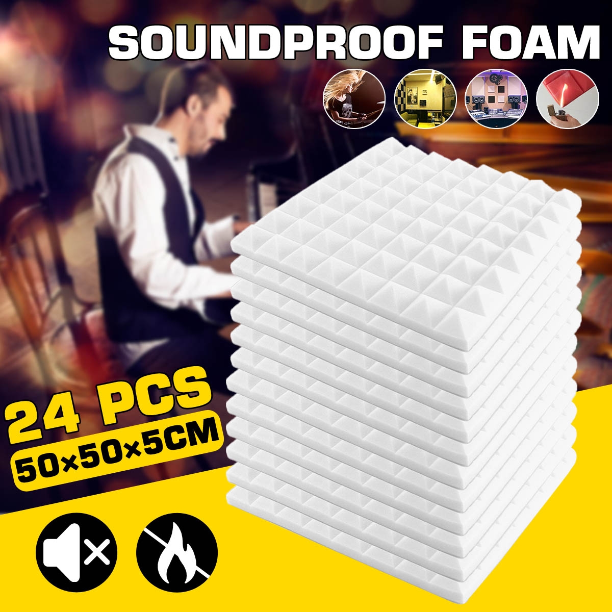 24PCS 50x50x5cm Studio Acoustic Soundproof Foam Sound Absorption Treatment Panel Tile Protective Sponge