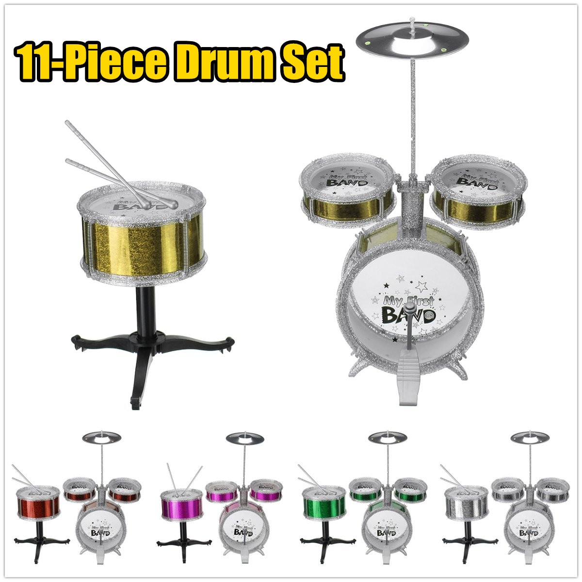 11-Piece Jazz Drum Set Electroplating Beat Drums Children's Educational Musical Toys