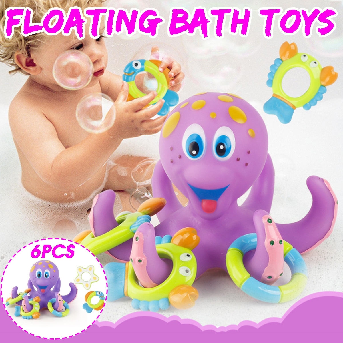 Octopus Floating Soft Rubber ABS Baby Bath Toys with 5 Marine Animal Rings Cast Circle for Kids Gift