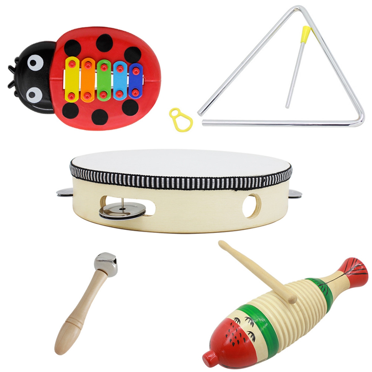 5-Piece Set Orff Musical Instruments Fish Frog/Hand Tambourine/Single Bar Bell/Music Triangle Iron/Beetle Five-tone Aluminum Piano