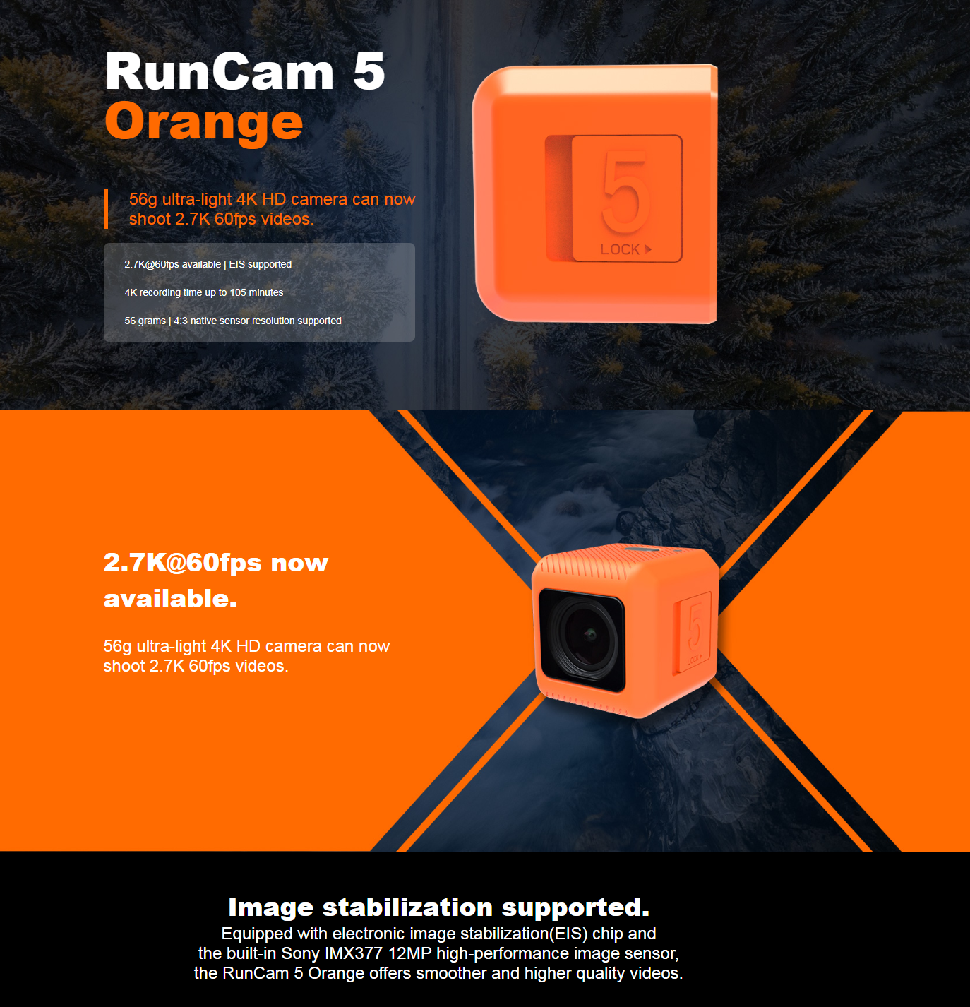 $89.99 for RunCam 5 Orange 12MP 4:3 145°FOV 56g Ultra-light 4K HD FPV Camera for RC Drone