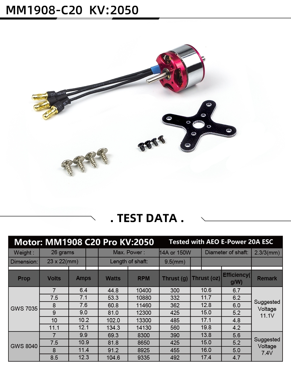 AEORC RC Power Combo MM1908 1908 2050KV KV2050 C20 Brushless Motor +20A ESC+3.5mm Banana Plug Combo for RC Fixed Wing Airplane Plane