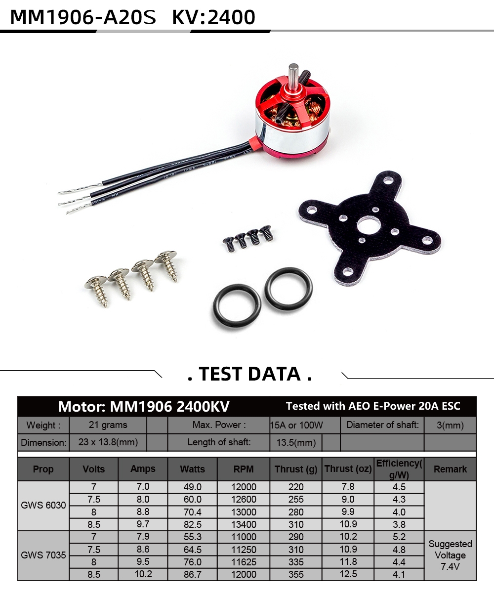 AEORC RC Power Combo MM1906B 1906 2400KV KV2400 A20S Brushless Motor +20A ESC+3.5mm Banana Plug Combo for RC Fixed Wing Airplane Plane