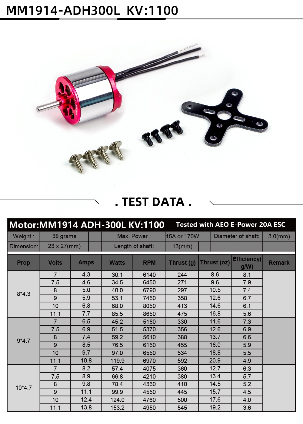 AEORC RC Power Combo MM1914 1100kv kv1100 ADH300L Brushless Motor +20A ESC+3.5mm Banana Plug Combo for RC Fixed Wing Airplane Plane