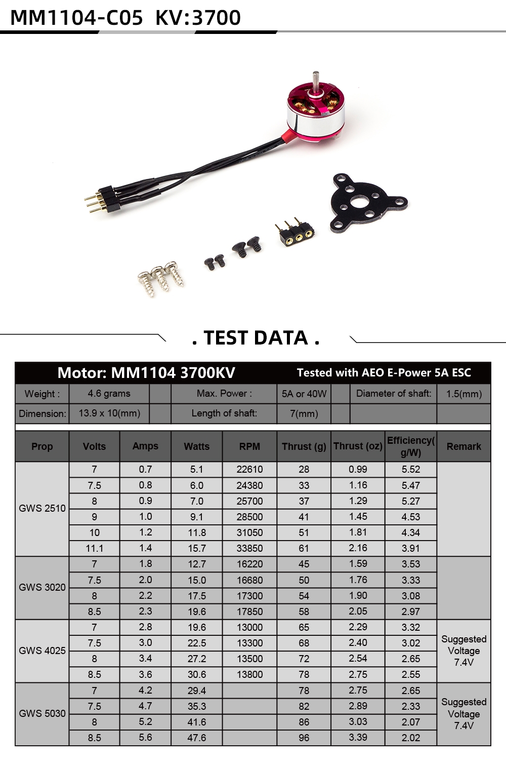 AEORC RC Power Combo MM1104H 1104 KV3700 3700KV Brushless Motor + 1s/2s 5A ESC+5030 Prop for RC Fixed Wing Airplane Plane