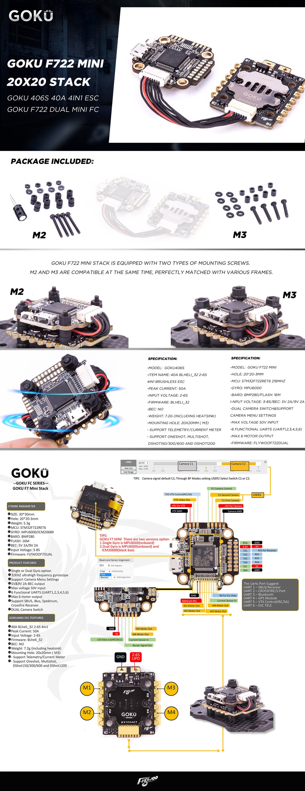 20*20mm Flywoo GOKU F722 MINI Flight Controller & GOKU406S 40A BLheli_32 2-6S 4-In-1 ESC & GOKU VTX625 25~450mW VTX