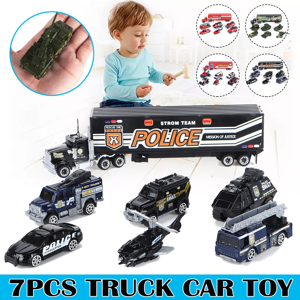 7 Pcs Alloy Diecast Truck Car Model Set Toy Vehicle for Kids Christmas Gift