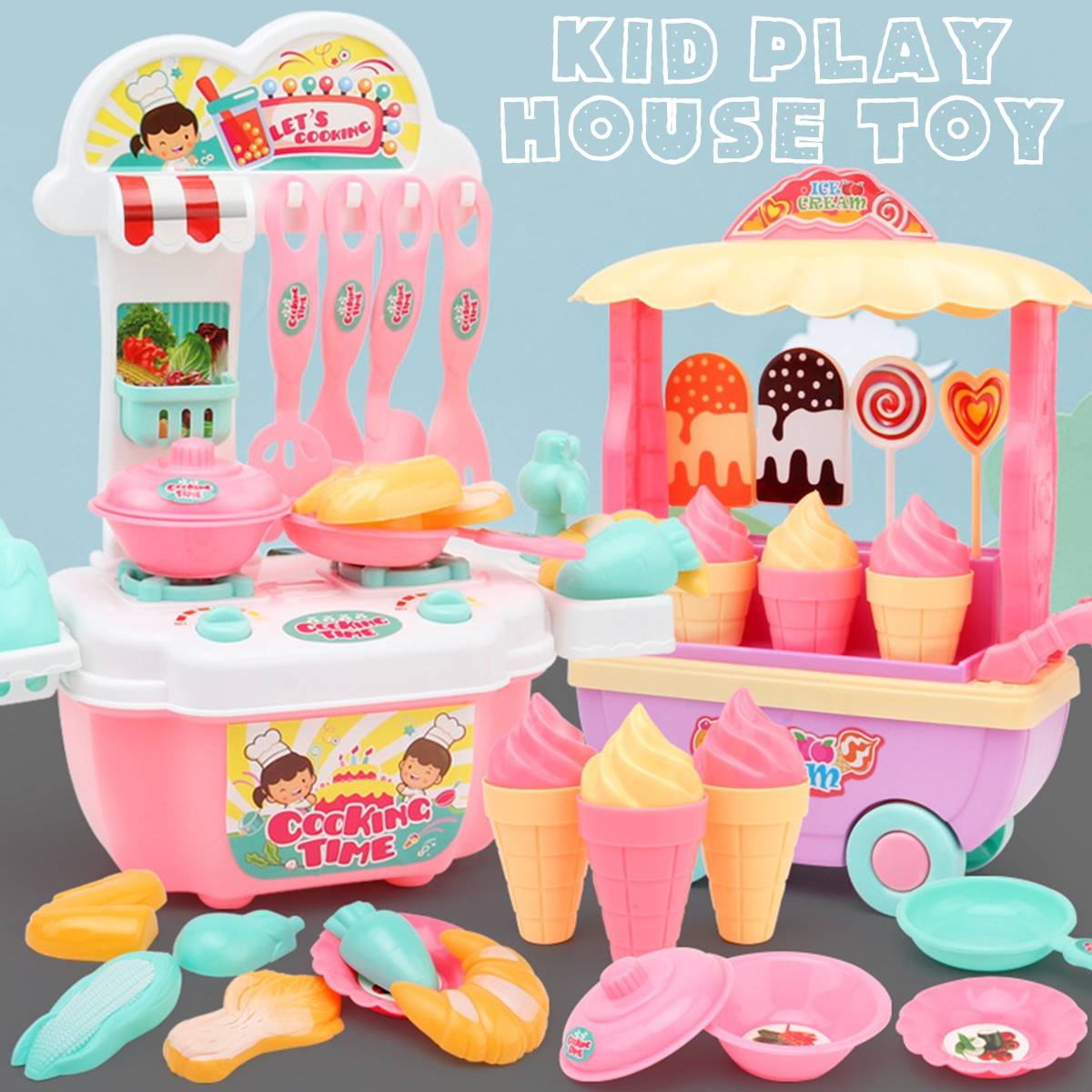 Kid Play House Toy Kitchen Cooking Pots Pans Food Dishes Cookware Toys