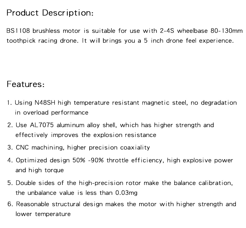 AOKFLY BS1108 1108 4500KV 2-4S / 5000KV 3-4S 1.5mm Shaft Brushless Motor for 80-130mm FPV Racer