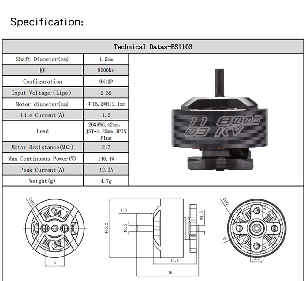 AOKFLY BS1103 1103 8000KV/11000KV 2-3S 1.5mm Shaft Brushless Motor 80-130mm FPV Racing Drone