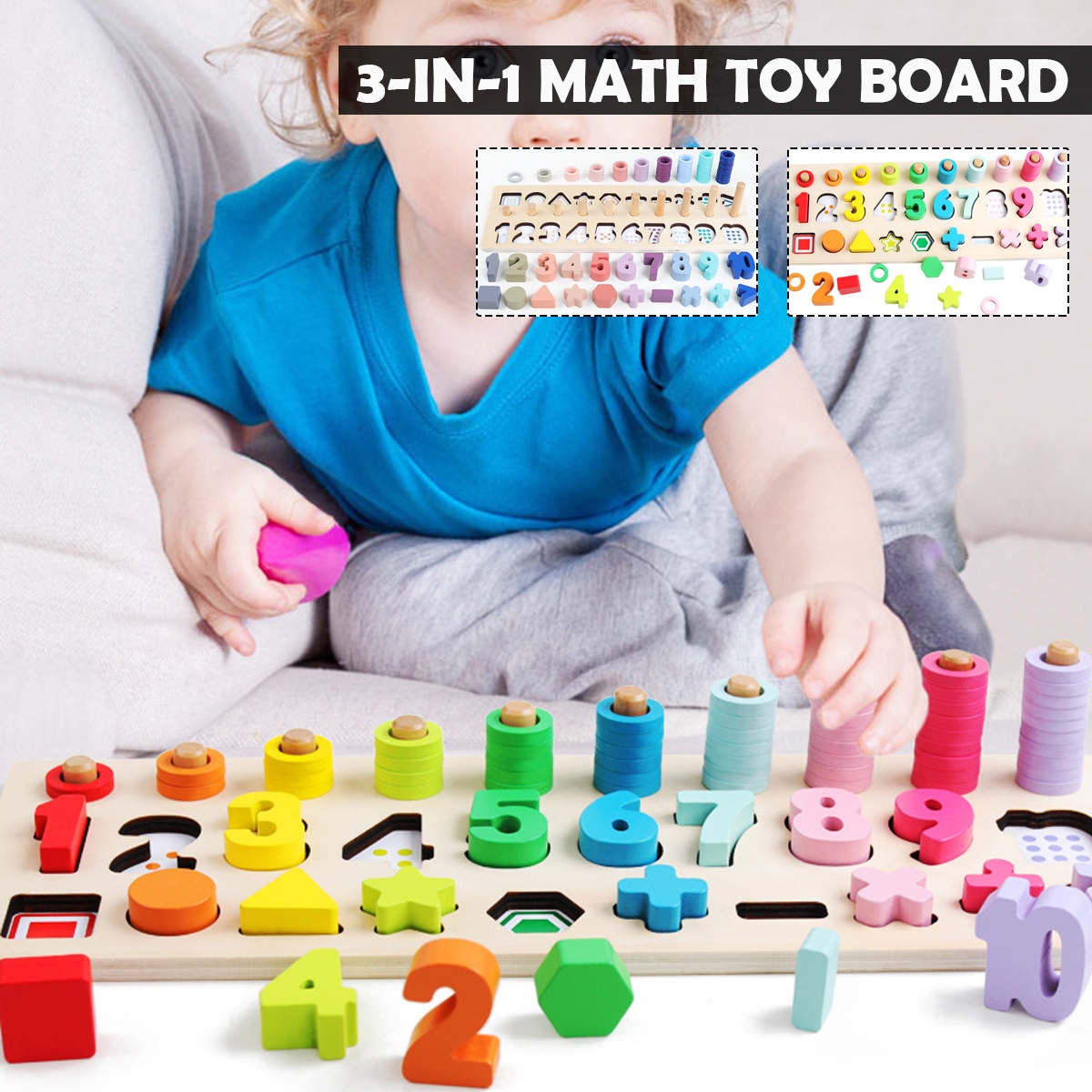 3 IN 1 Wooden Preschool Learning Montessori Math Counting Board Toys for Children Gift