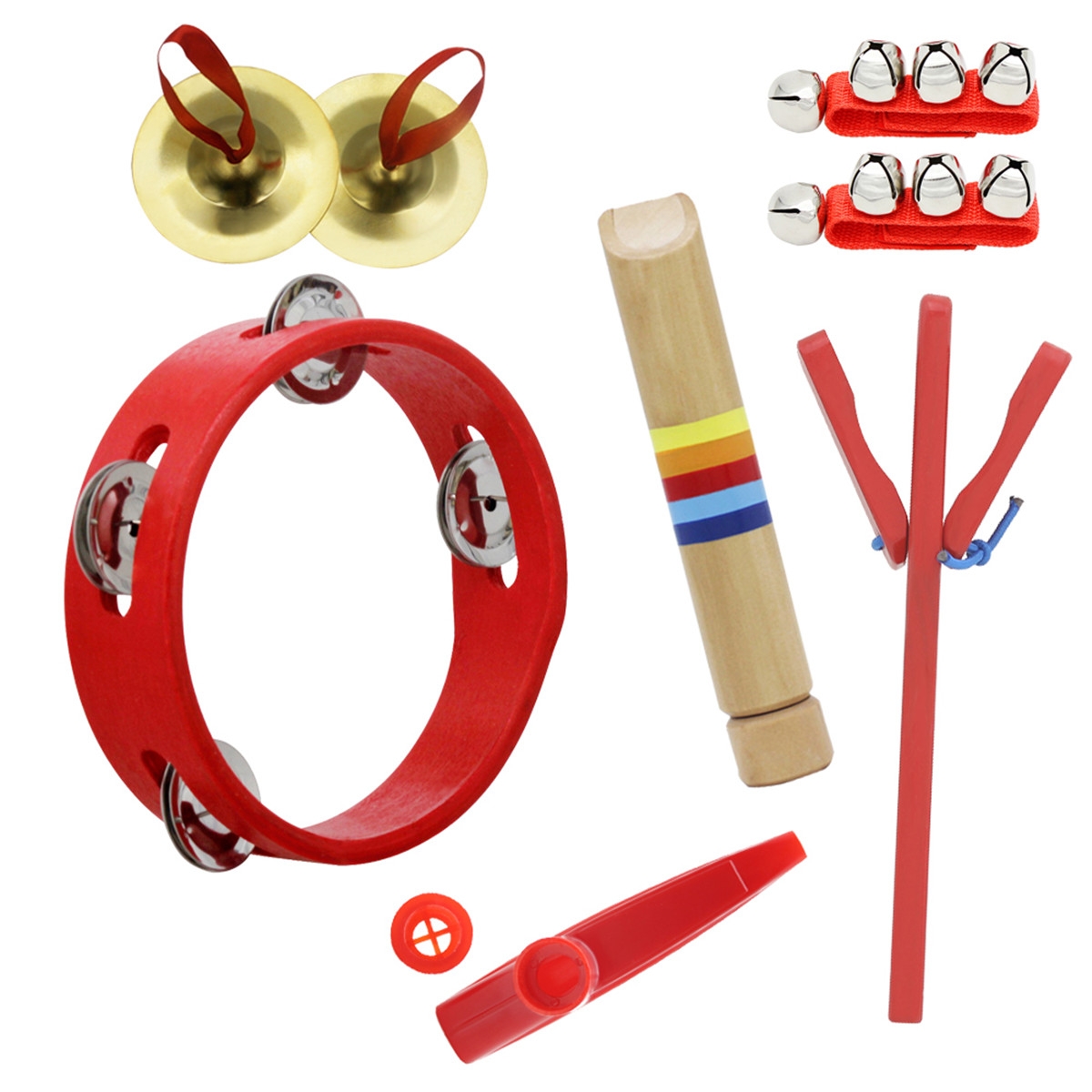 6 Piece Set Orff Musical Instruments Tambourine/Wooden Flute/Finger Cymbal/Wrist Bell/kazoo/Castanet