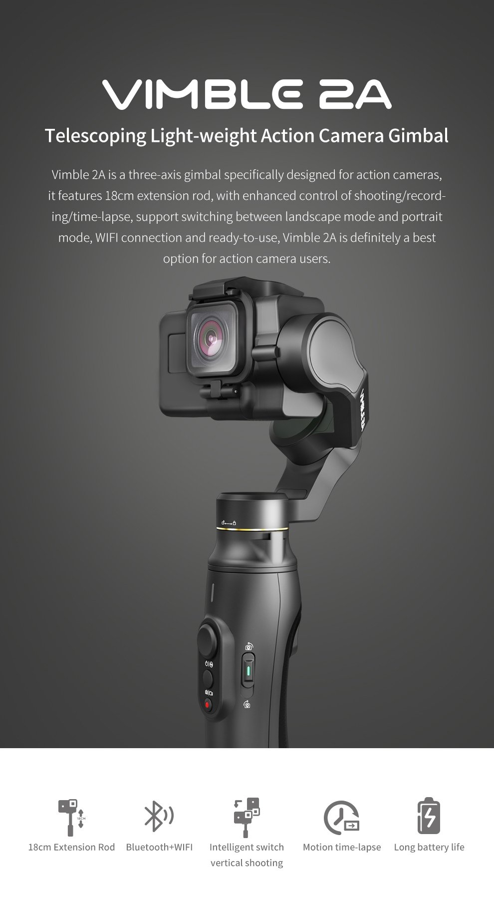 Feiyu Tech Vimble 2A 3-Axis Extensible FPV Handheld Gimbal For GoPro Here 7/6/5 Action Sports Camera