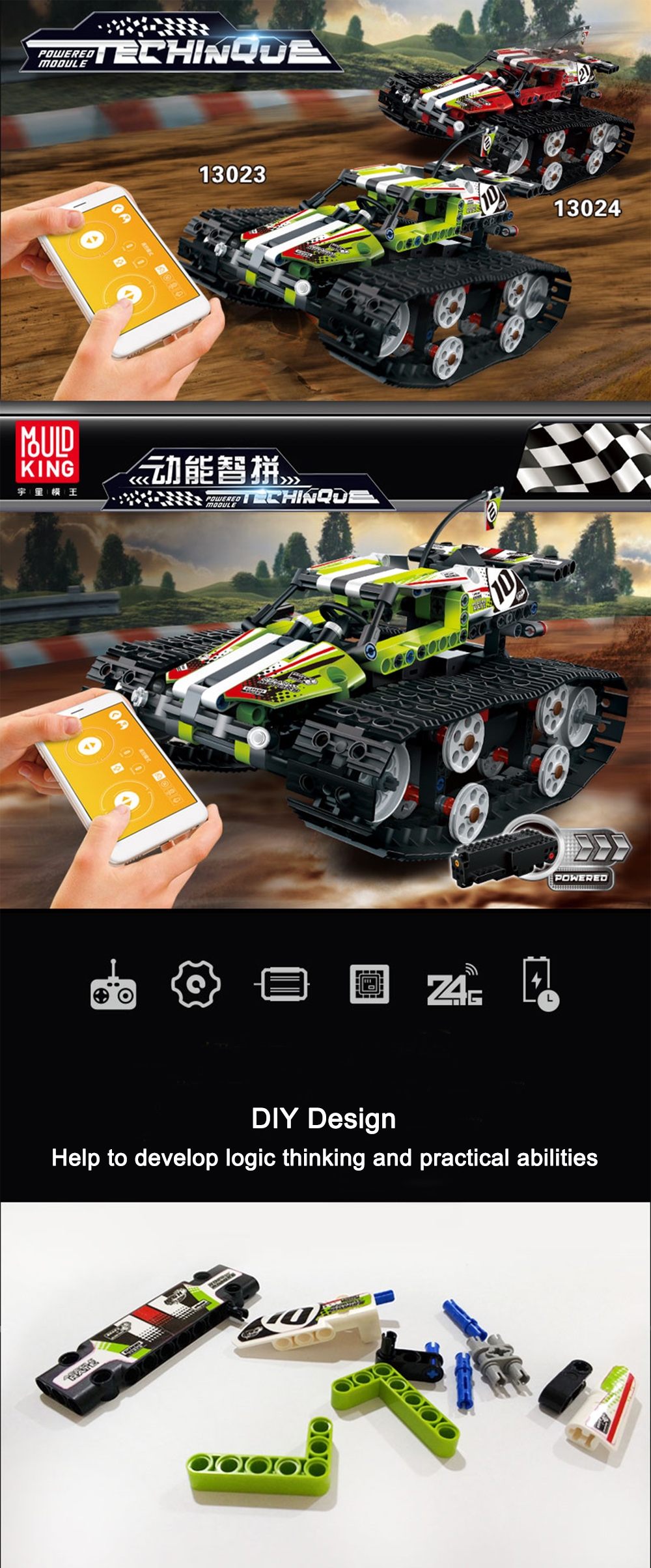 Mould King DIY Smart RC Robot Car Programmable Block Building Bluetooth APP/2.4G Stick Control Assembled Robot Car Toy