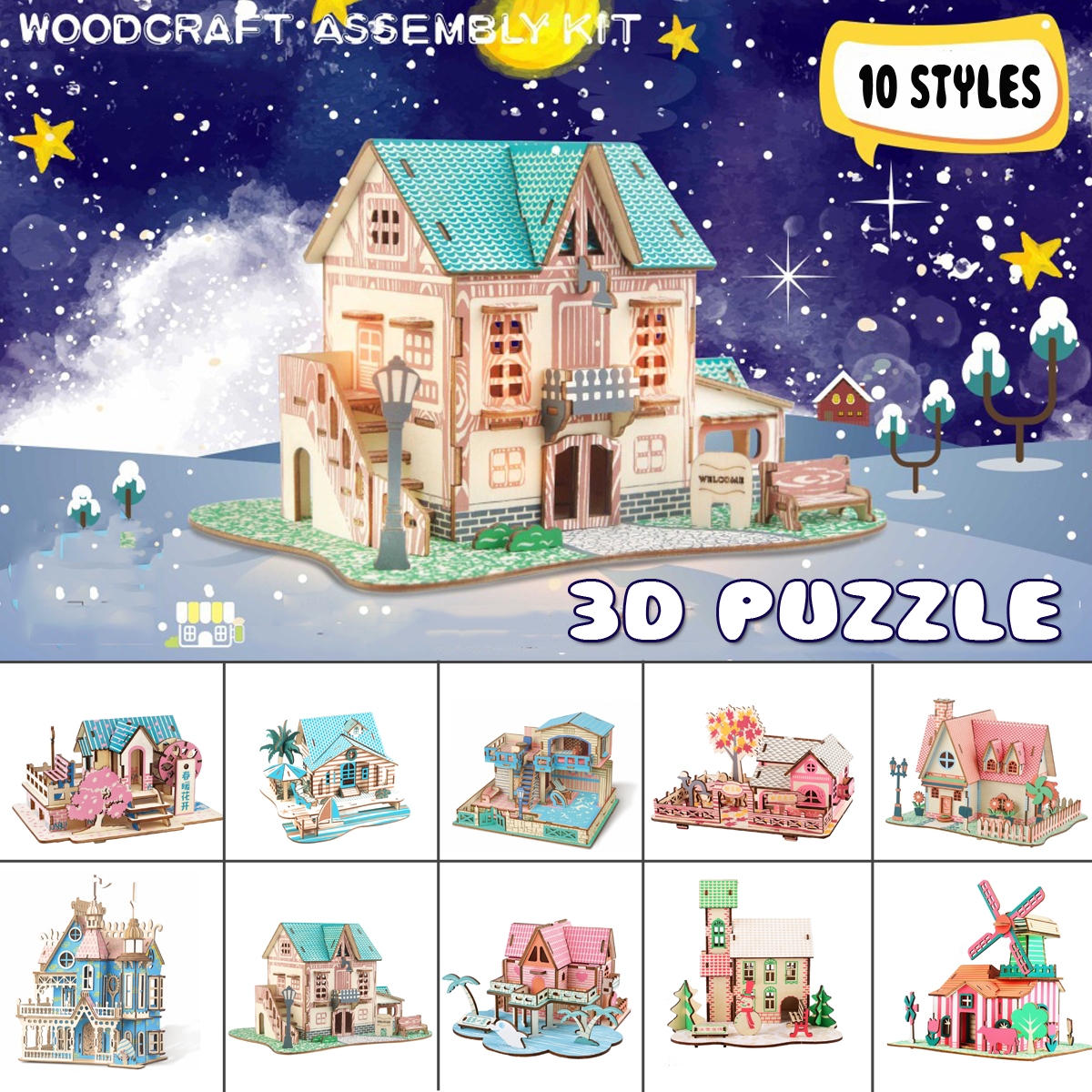 3D Woodcraft Puzzle Assembly House Kit Model Building Educational Toy for Kids Gift