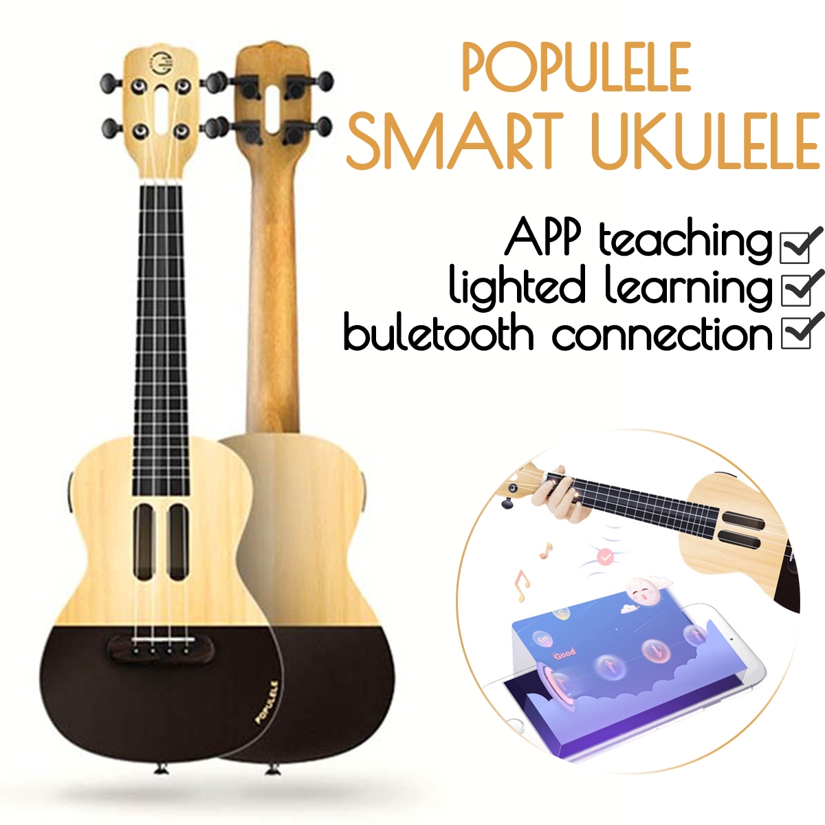 Xiaomi Populele U1 23 Inch 4 String 800mAh Bluetooth 4.0 Smart Ukulele with APP Teaching LED Guiding