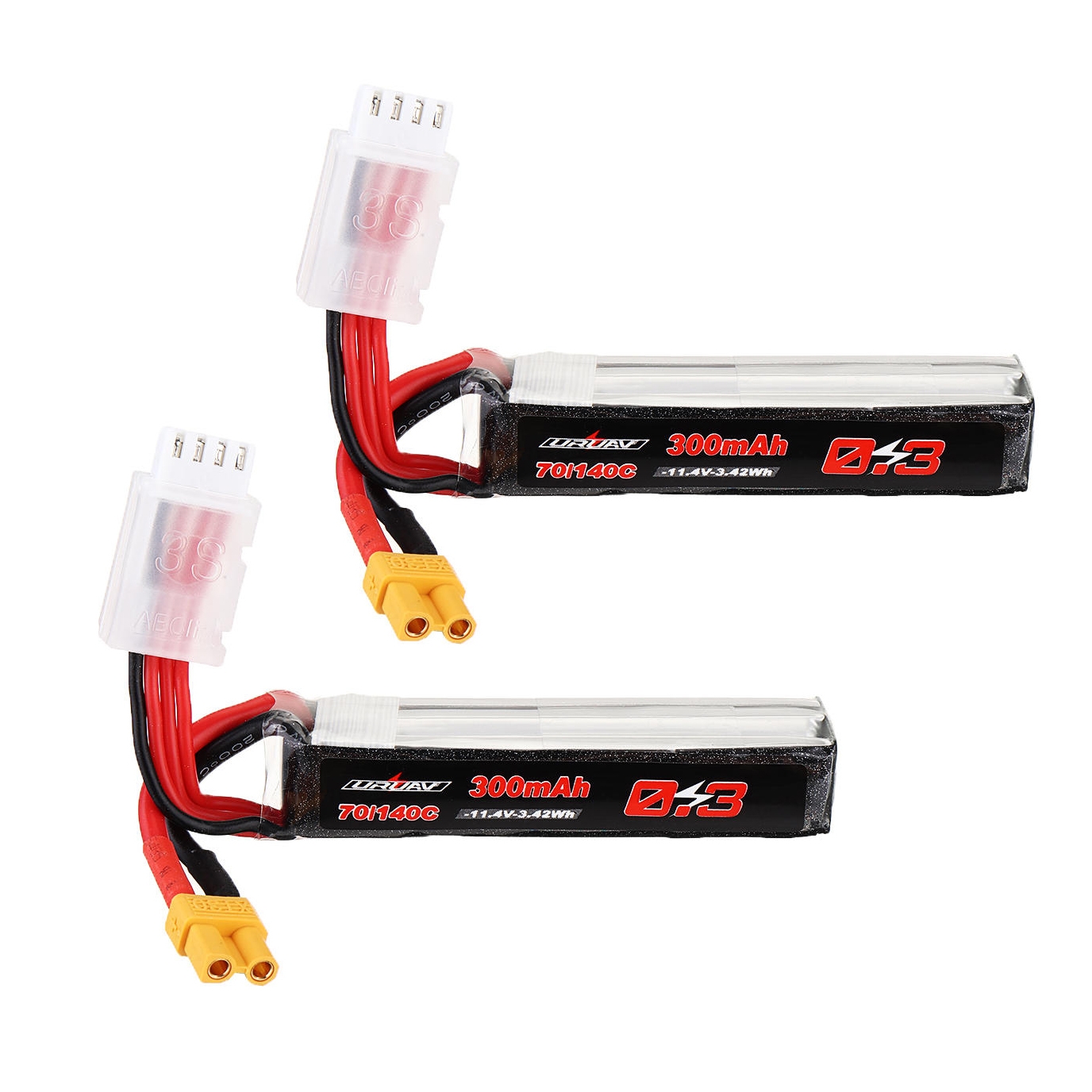 2Pcs URUAV 11.4V 300mAh 70C/140C 3S Lipo Battery XT30 Plug for RC FPV Racing Drone