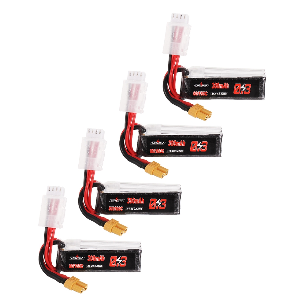 4Pcs URUAV 11.4V 300mAh 80C/160C 3S Lipo Battery XT30 Plug for FPV RC Drone