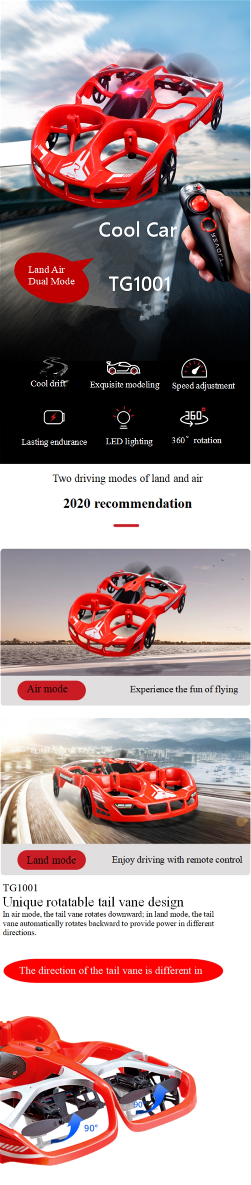 SYMA TG1001 Land Air Dual Mode With 360° Roll Tumbling Cool Drift Coreless Motor RC Car Drone Quadcopter