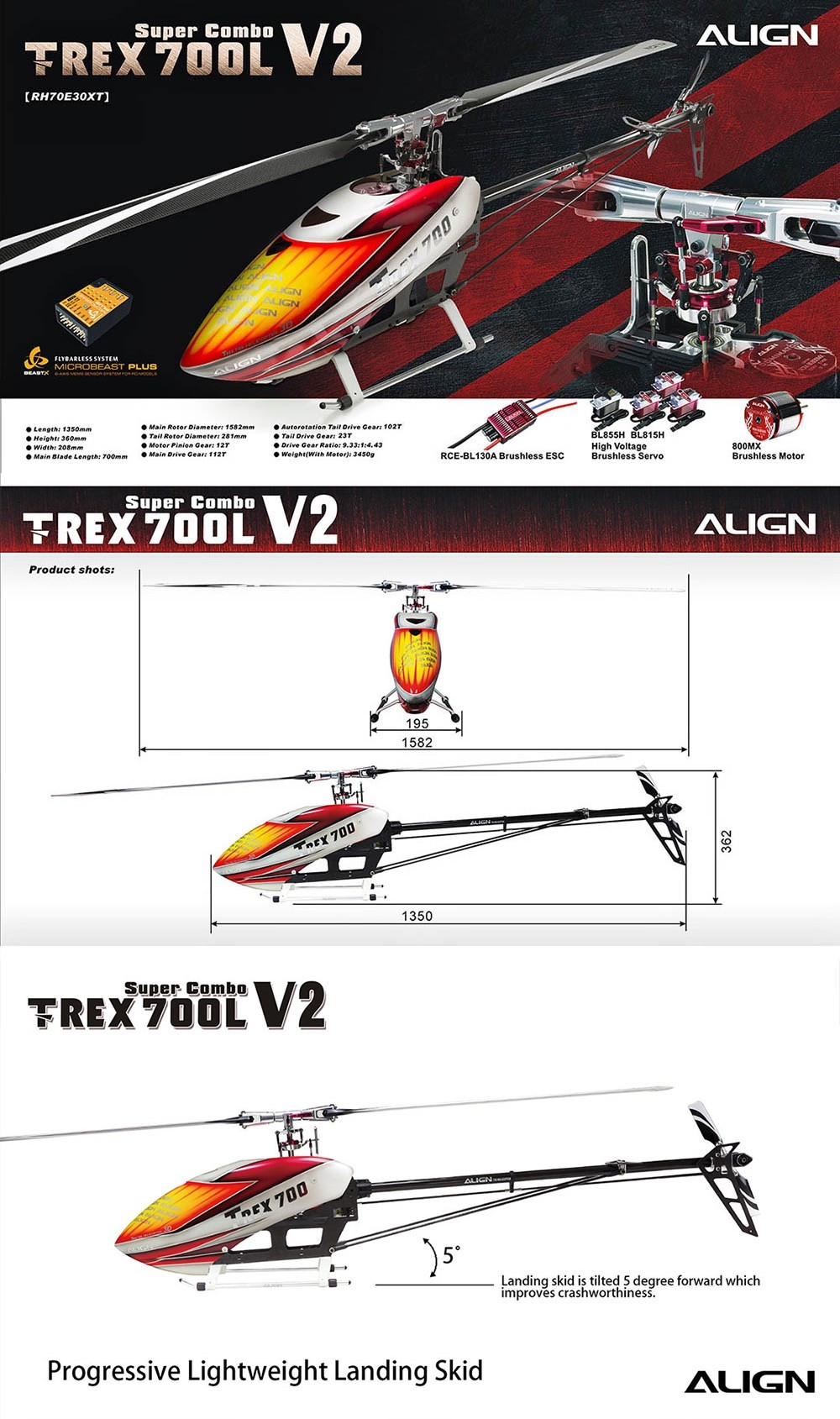 ALIGN T-REX 700L V2 6CH 3D Flying RC Helicopter Super Combo With Brushless 520KV Motor Servo ESC Flybarless System