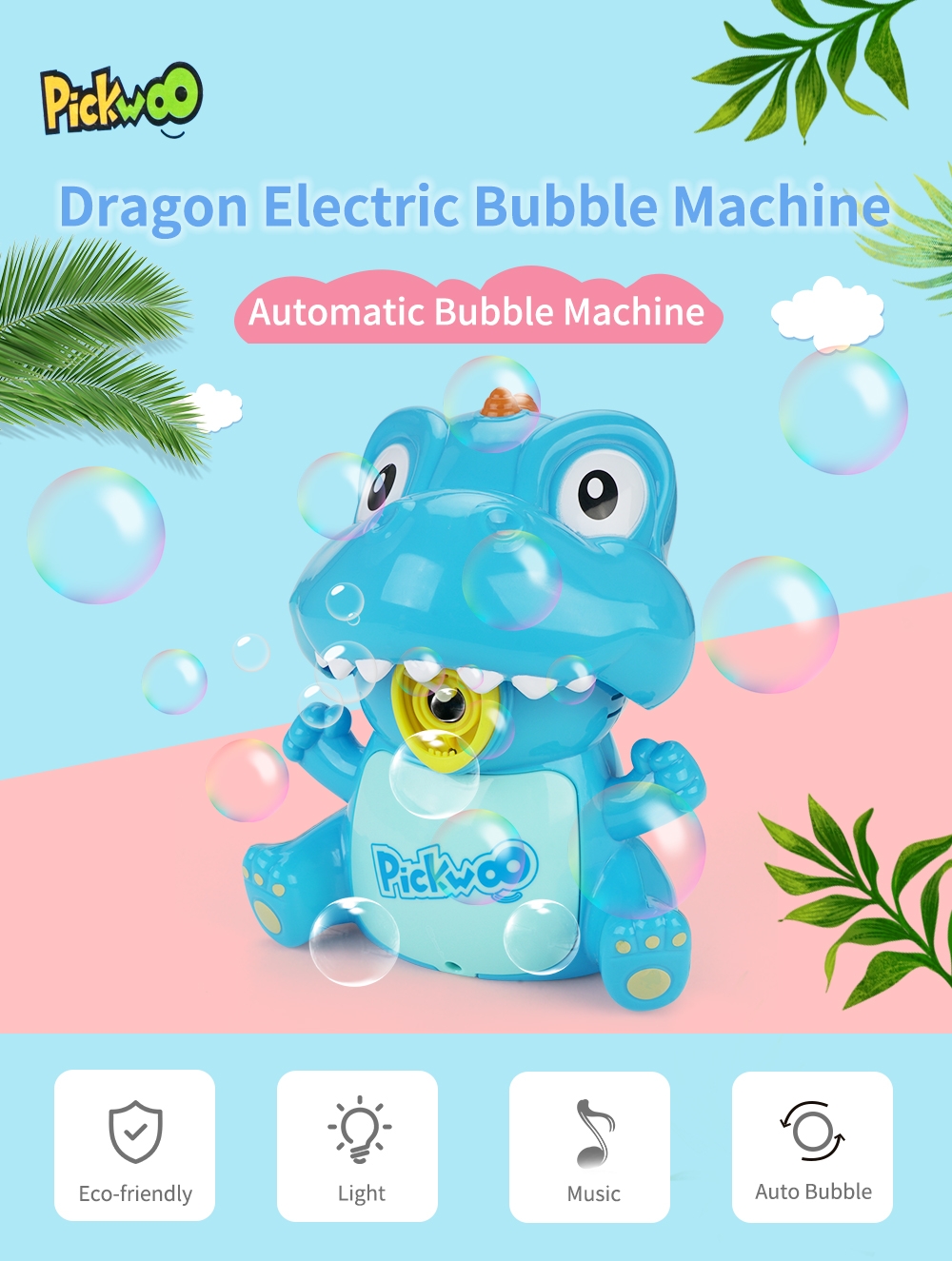 Pickwoo Dinosaur Automatic Bubble Machine Maker with Dual Mode with LED Light and Music Novelties Toys for Kids Gift