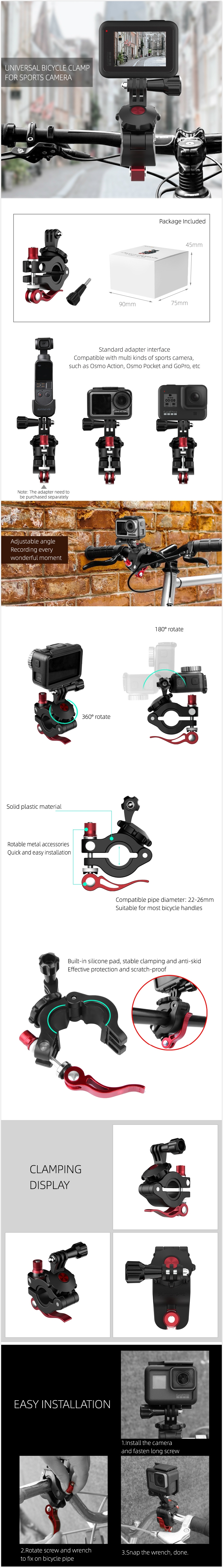 Sunnylife Sports Camera Universal Bicycle Clamp Adjustable Clips for GoPro 8 Osmo Action Osmo Pocket