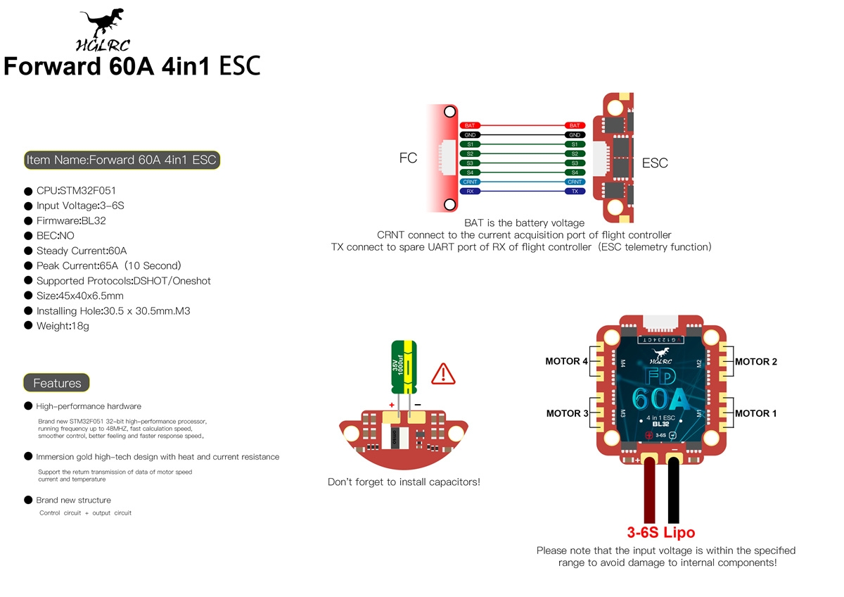 HGLRC Forward 60A 3-6S BLHeli 32 4in1 ESC 30.5*30.5mm for FPV Racing Drone