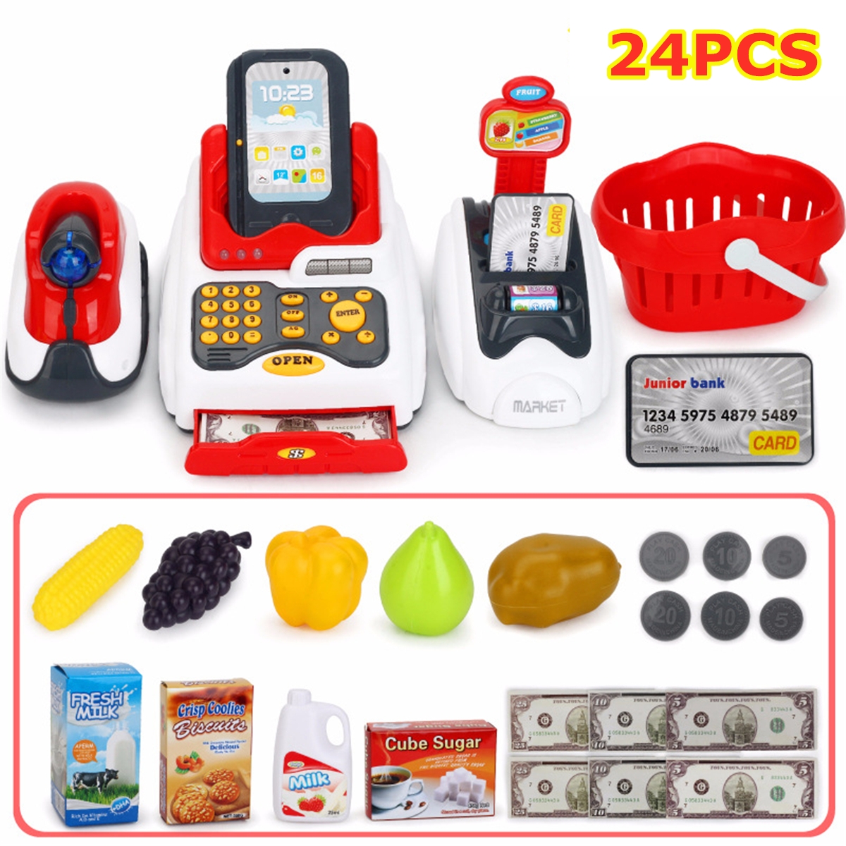 24 PCS Multi-functional Supermarket Simulation Cash Register Interactive Set Toys for Children's Family Tool