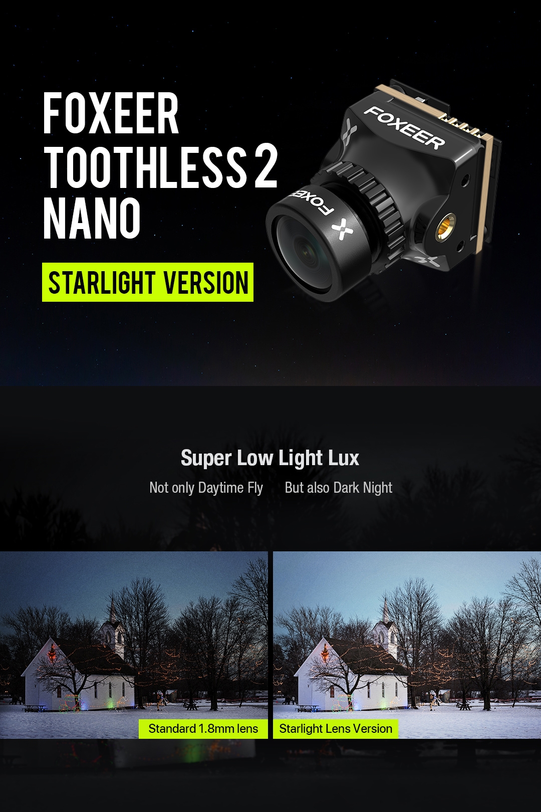 $5 OFF for Foxeer Nano Toothless 2 StarLight Mini FPV camera 0.0001lux HDR 1/2 CMOS Sensor 1200TVL Support OSD F405 F722 FC Control