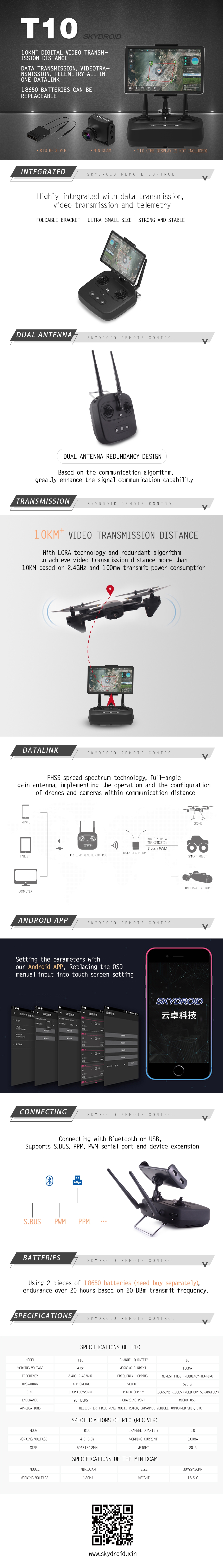 Skydroid T10 2.4GHz 10CH FHSS Transmitter with R10/R10 Mini Receiver and Camera Support S.BUS PPM PWM Output