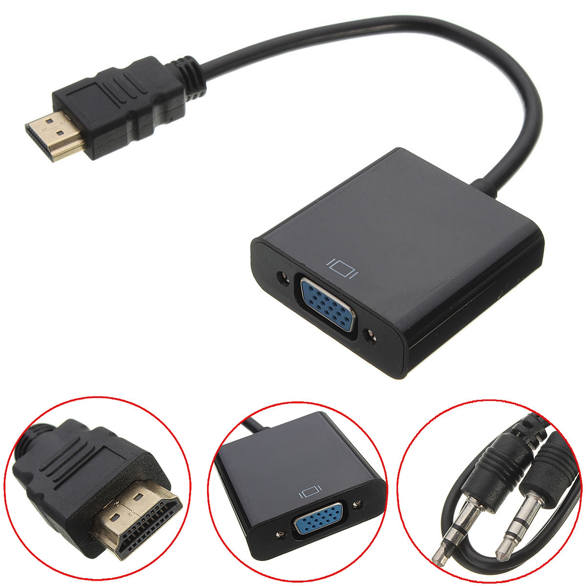 5PCS HD Port Male to VGA With Audio HD Video Cable Wire Converter Adapter