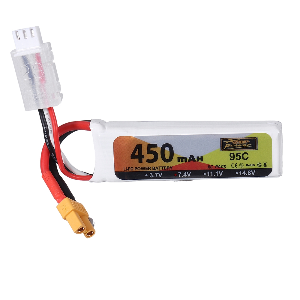 ZOP Power 7.4V 450mAh 95C 2S Lipo Battery XT30 Plug for Micro FPV Racing Drone Quadcopter