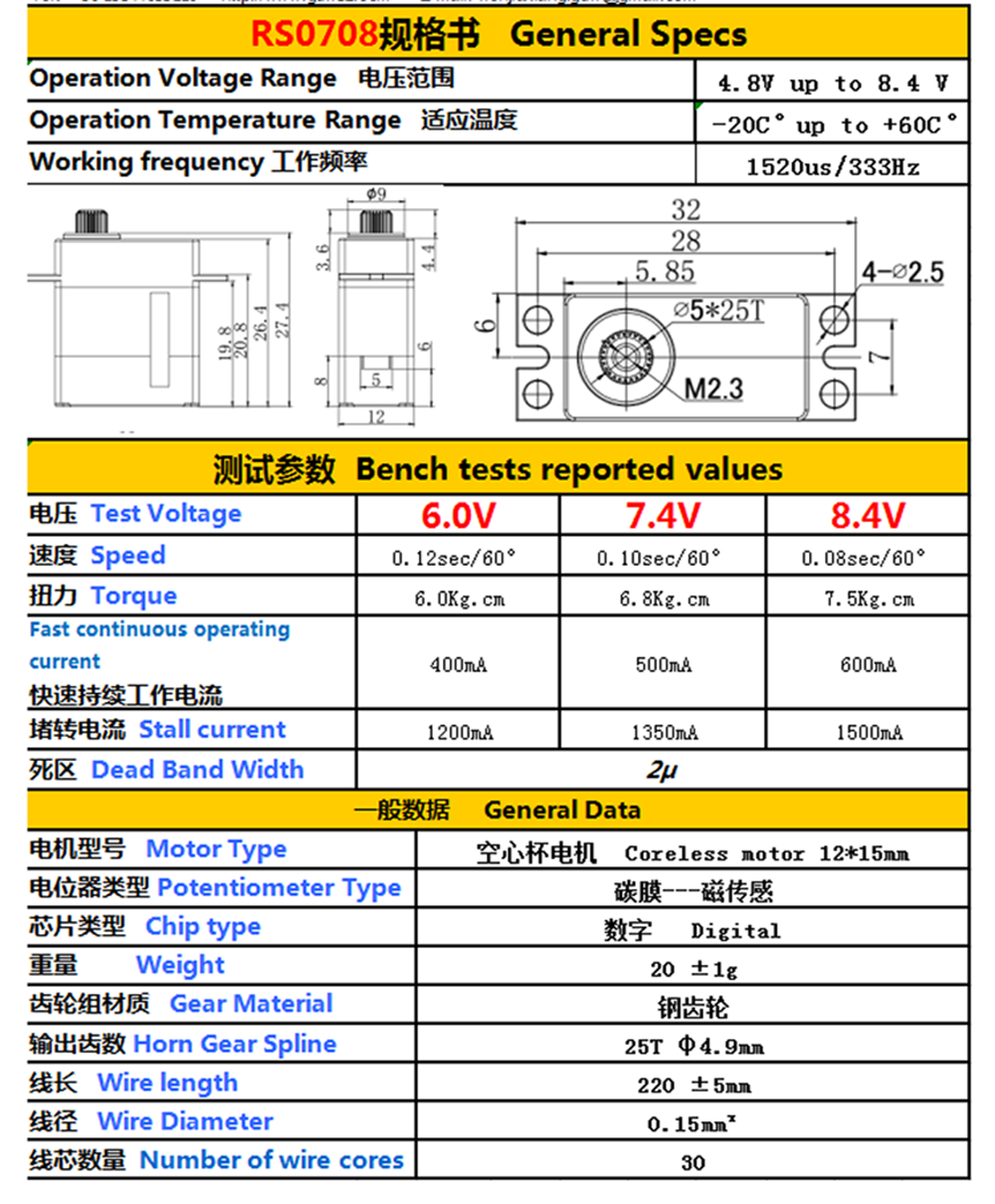 GDW RS0708 Coreless Metal Gear Digital Servo 180/270/350/360 Degree For RC Robot