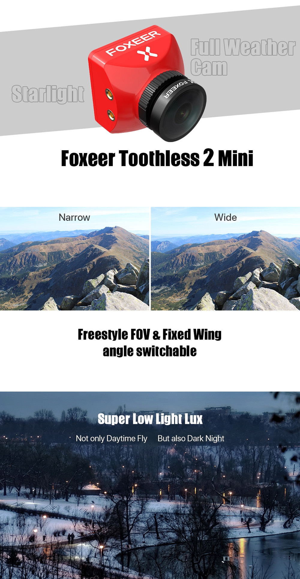 $29.44 for Foxeer Toothless 2 1200TVL Angle Switchable Mini/Full Size Starlight FPV Camera 1/2" Sensor Super HDR