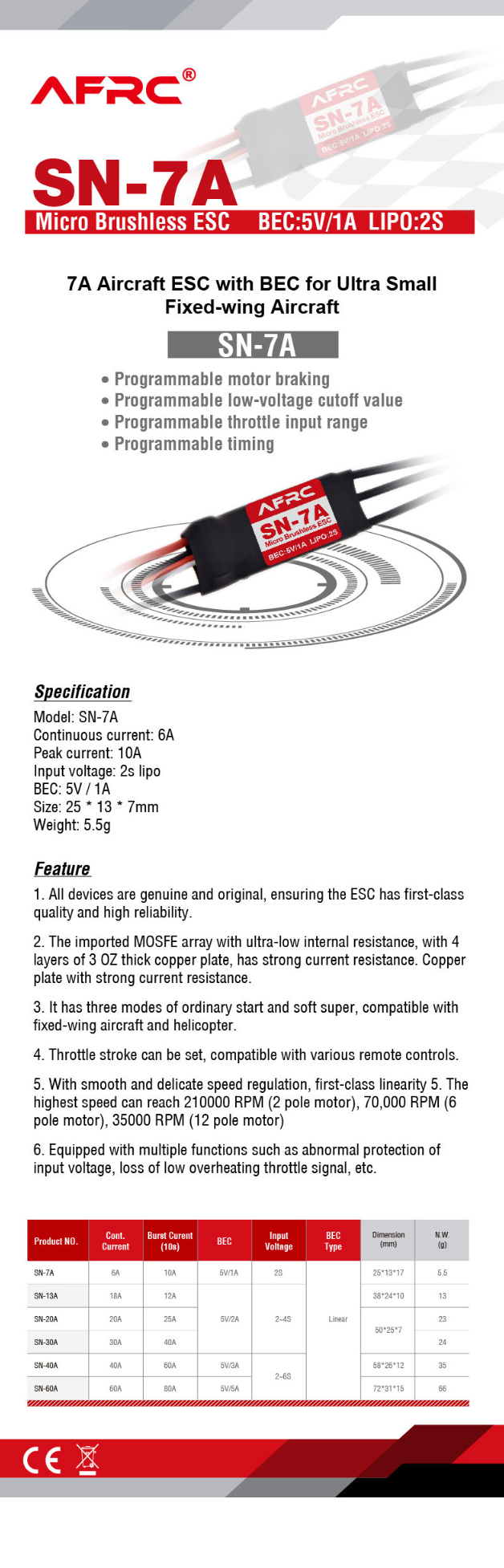 AFRC SN-7A Micro Brushless ESC with 5V/1A BEC 2S for RC Airplane Spare Part