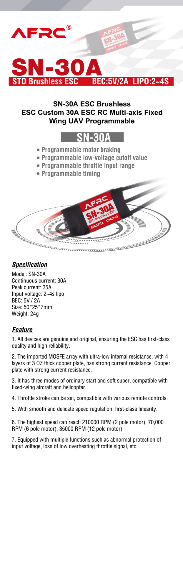 AFRC SN-30A STD Brushless ESC with 5V/2A BEC 2-4S for RC Airplane Spare Part