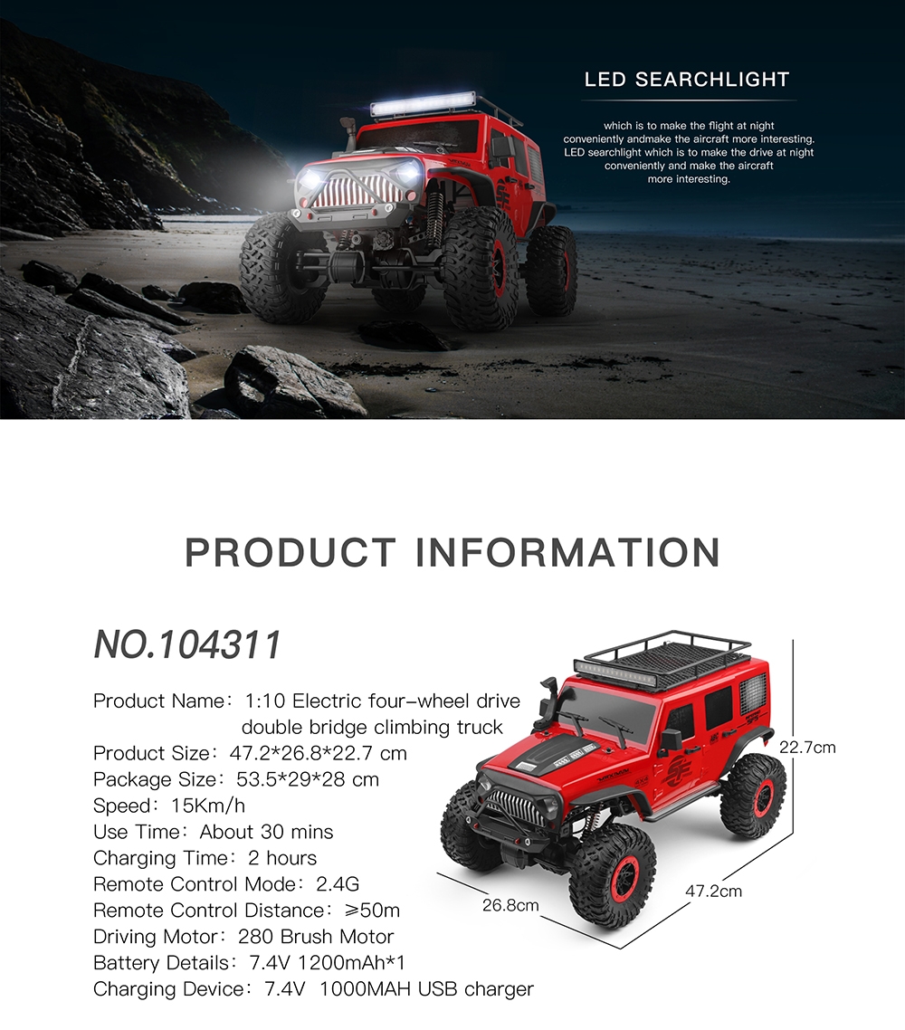 Wltoys 104311 1/10 2.4G 4X4 Crawler RC Car Desert Mountain Rock Vehicle Models With Two Motors LED Head Light Two Battery