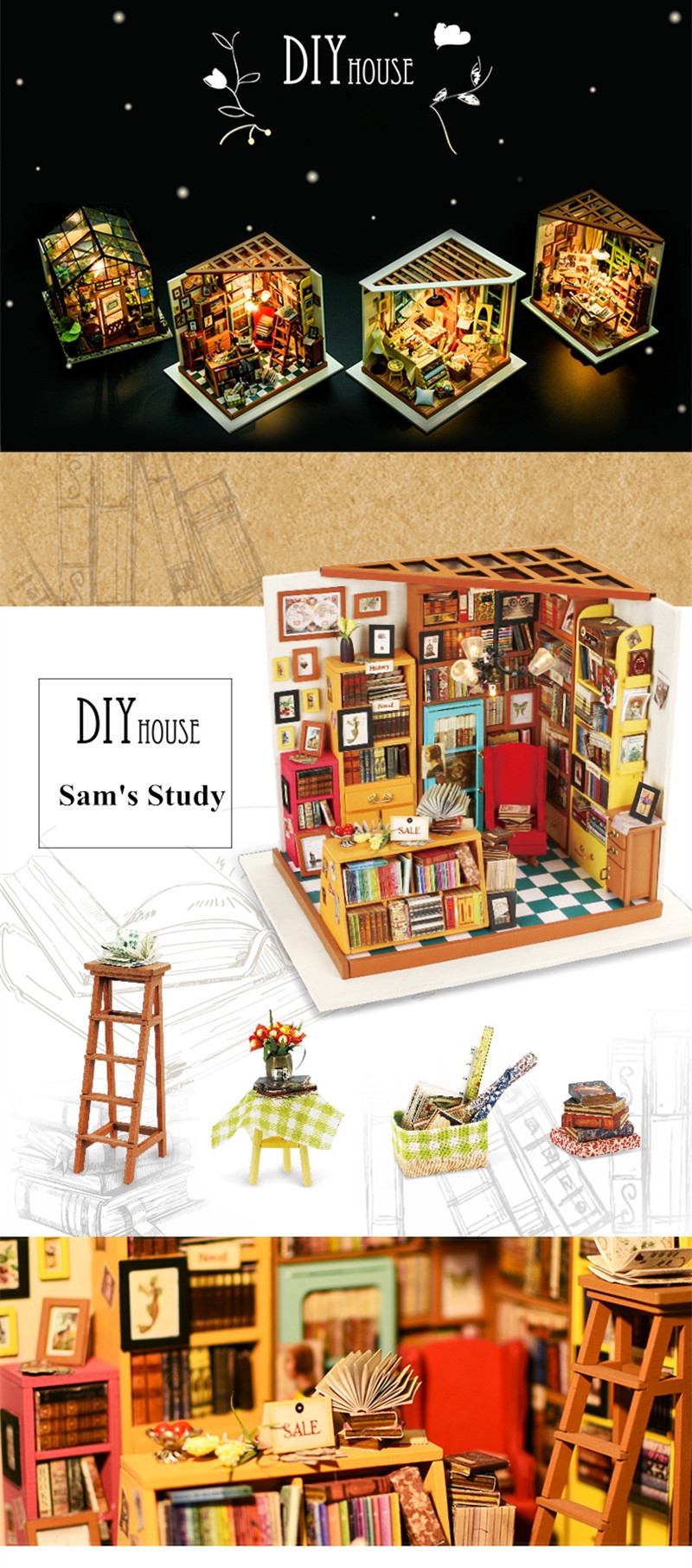 Robotime DG102 Sam Book Store DIY Dollhouse Miniature Furniture Kit