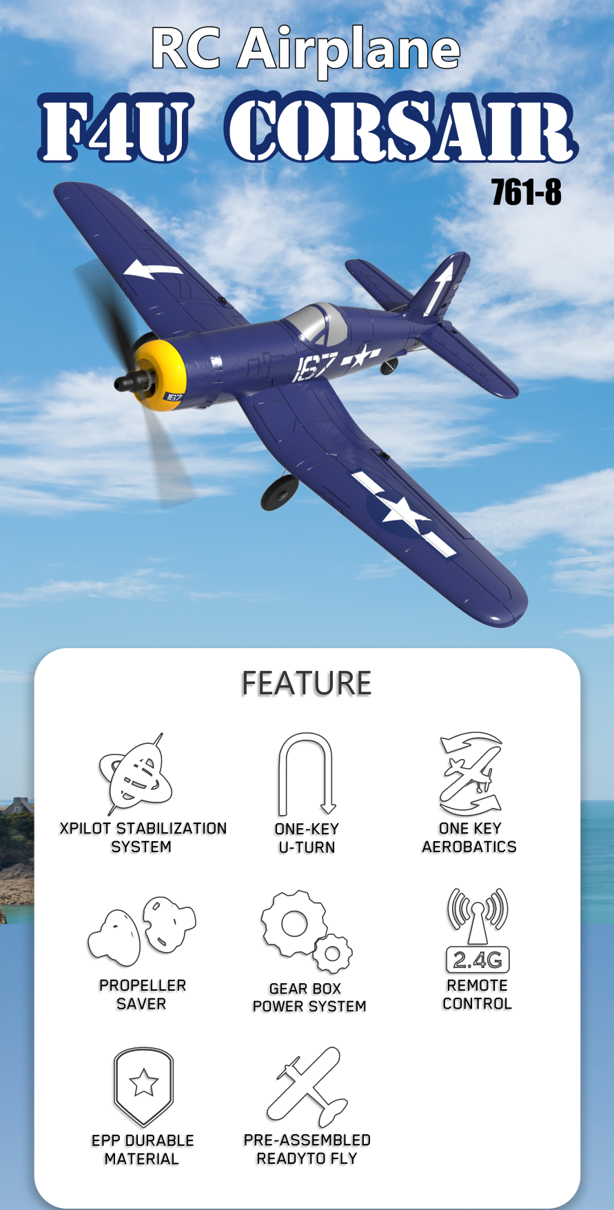 Eachine Mini F4U EPP 400mm Wingspan 2.4G 6-Axis Gyro One Key Return Aerobatic Indoor RC Airplane Trainer Fixed Wing RTF for Beginner