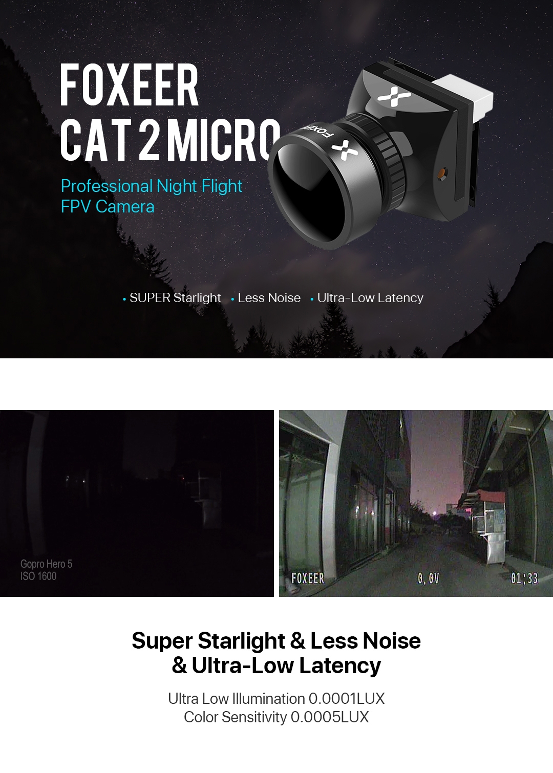 Foxeer Cat 2 Micro 1/3 CMOS 1200TVL StarLight FPV Camera Low Latency 4:3/16:9 NTSC/PAL Switchable Support OSD