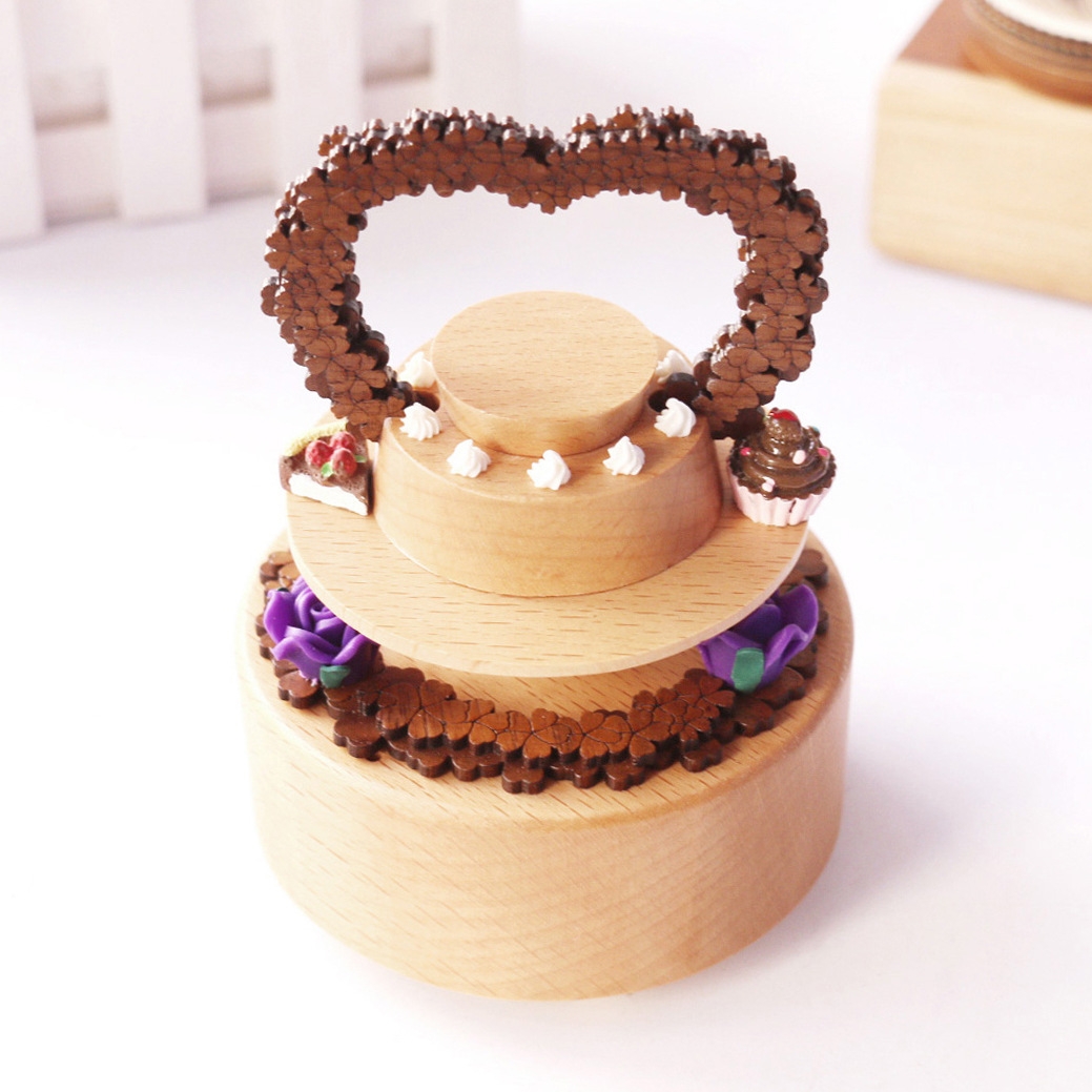 Loving Birthday Cake Rotating Wooden Music Box for Gift