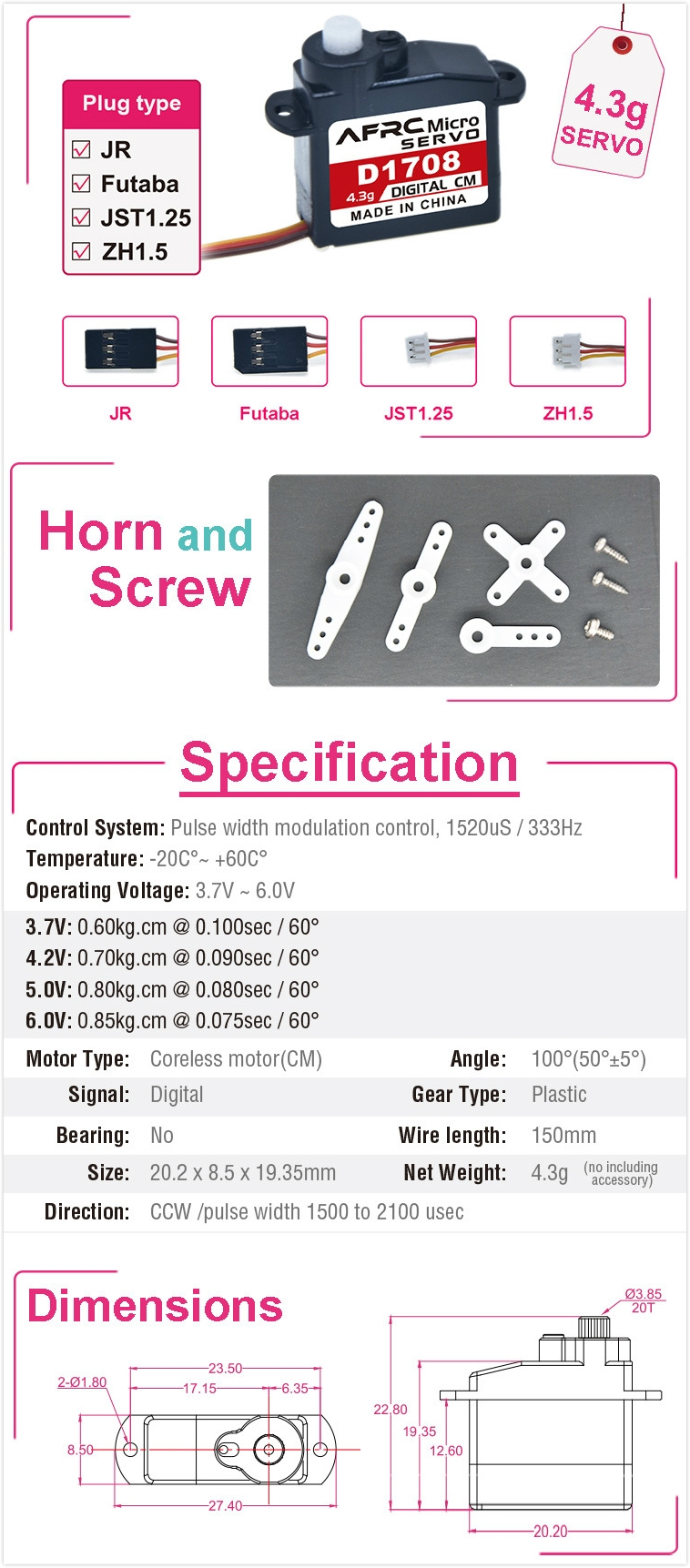 AFRC D1708 4.3g Micro Plastic Gear Digital Servo With for Futaba JR JST 1.25 Plug For RC Airplane Helicopter Robots