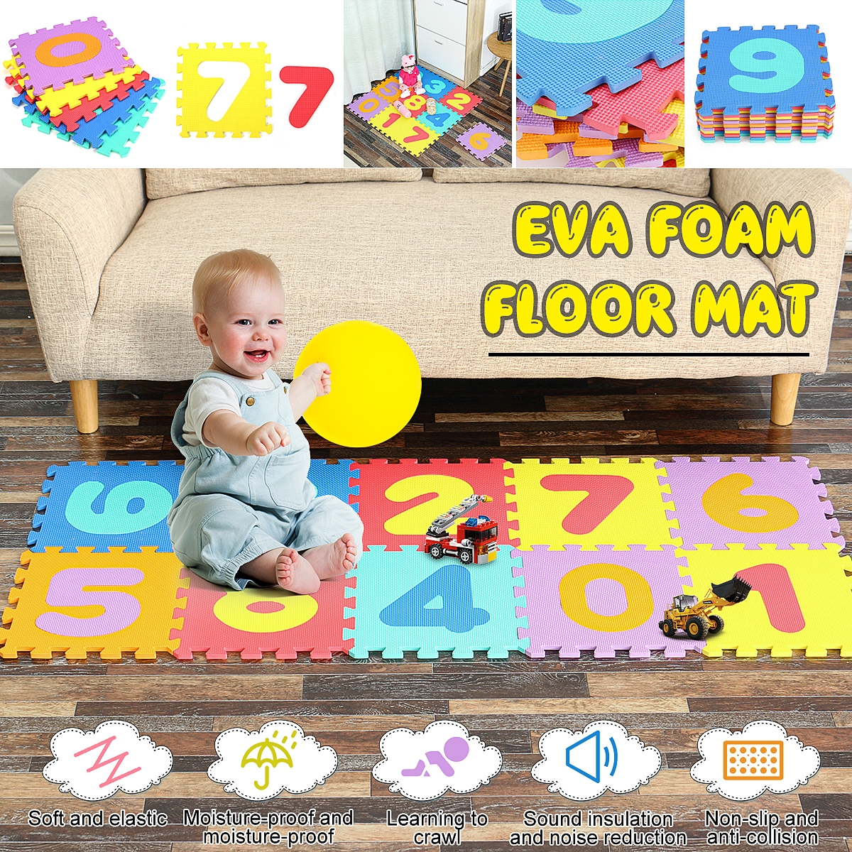 0-9 Math Pattern EVA Foam Floor Jigsaw Puzzle Toy Mat for Living Room Bathroom Kitchen