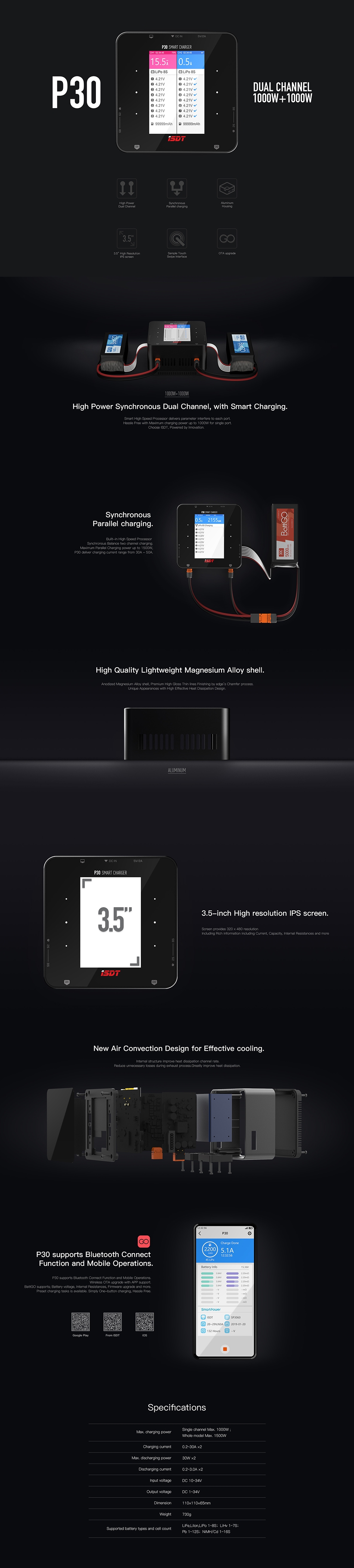 ISDT P30 1000WX2 30AX2 High Power Dual Channel Snychronous Bluetooth BattGo Battery Balance Charger Discharger for 1-8S Lipo Battery
