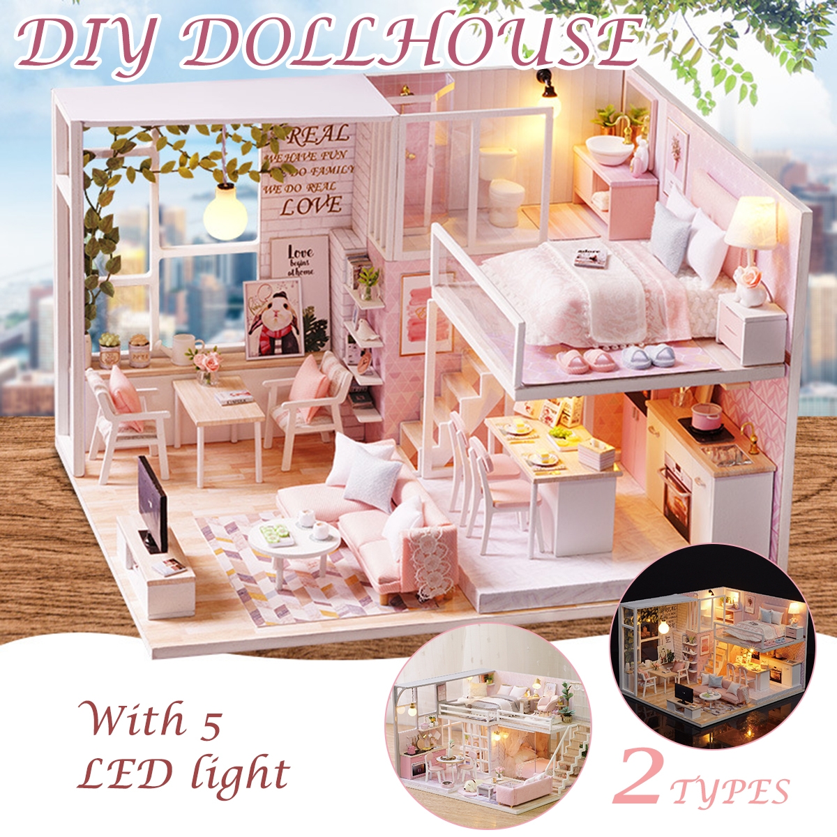 3D Woodcraft DIY Assembly Creative Doll House Kit Decoration Toy with LED Light for Kids Gift