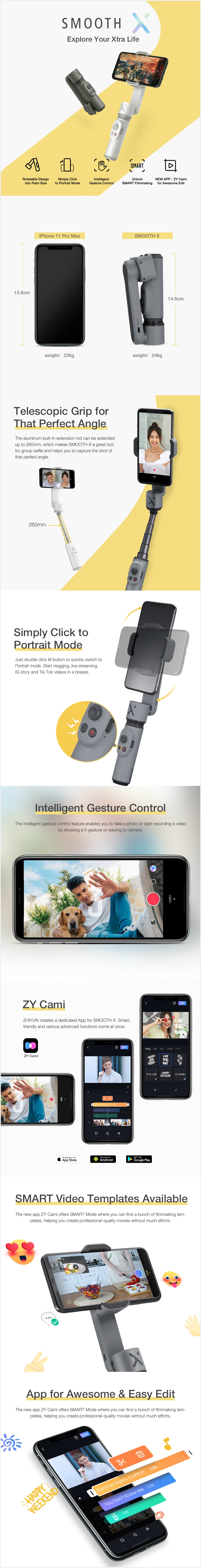 ZHIYUN SMOOTH X Handheld Gimbal Extension Rod Stick Stabilizer Portable Palm Size for iPhone Huawei Xiaomi Redmi Vlog Video Selfie