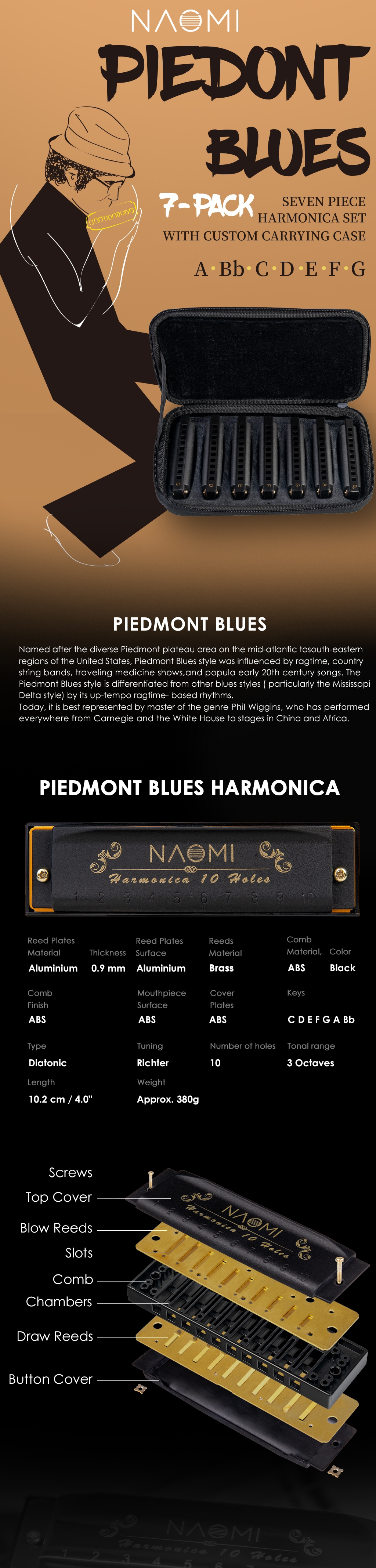 NAOMI 10 Holes C Key Piedmont Blues Harmonica 7 PCS Set with Case