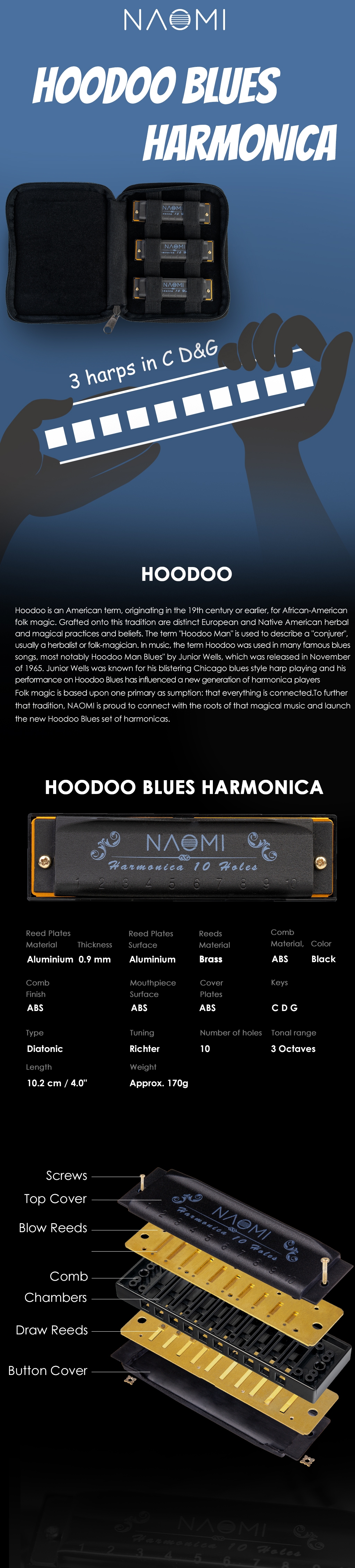 NAOMI Hoodoo Blues Harmonica C D G Tone 3PCS Harmonica Set with Case