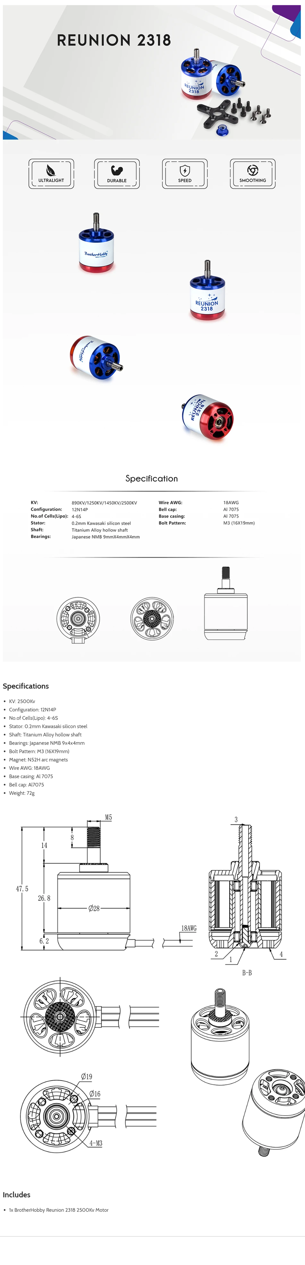 BrotherHobby Reunion 2318 890KV/1250KV/1450KV/2500KV Brushless Motor for RC Airplane Spare Part